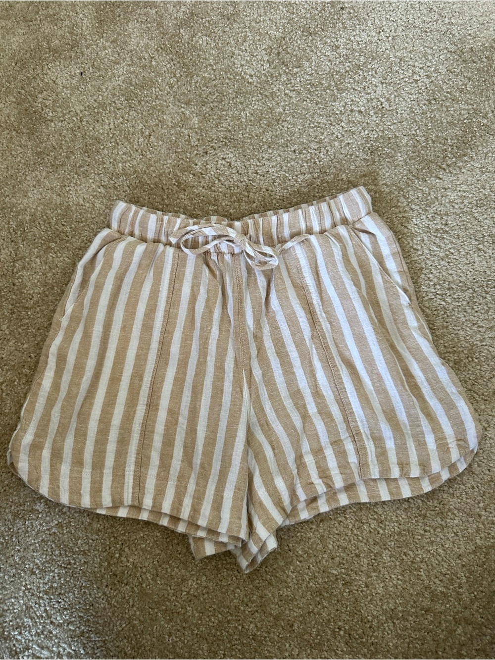 Universal Thread Tan & White High Rise Striped Drawstring Linen Shorts - Picture 2 of 5